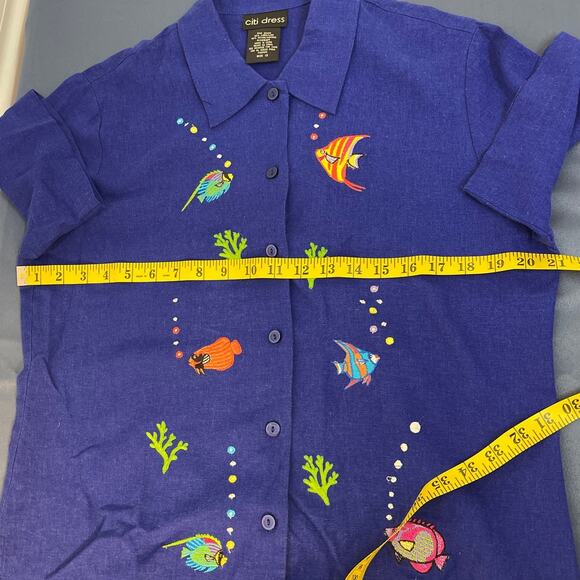 Citi Dress Short Sleeve Linen Blend  Button Up Top Blue with Embroidery Size 12 - Picture 6 of 8
